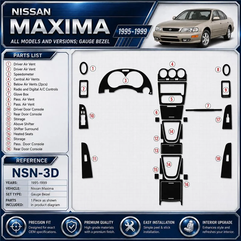 Nissan Maxima 1995-1999 Gauge Bezel kit rivestimento cruscotto e interni 3D