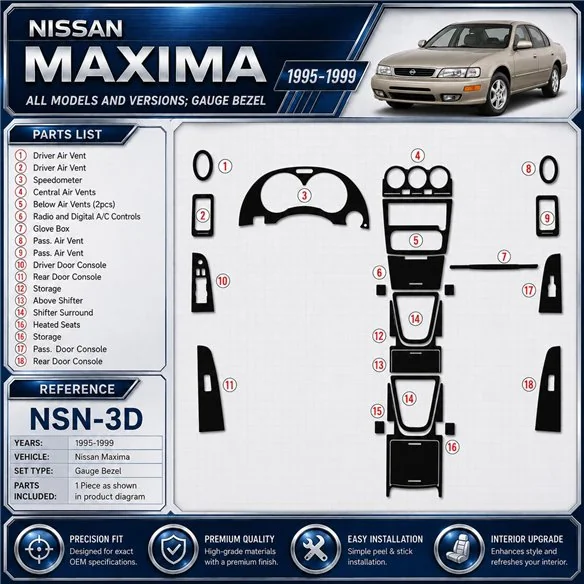 Nissan Maxima 1995-1999 Gauge Bezel kit rivestimento cruscotto e interni 3D