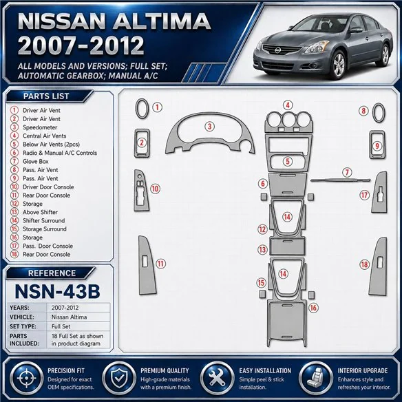 Nissan Altima 2007-2012 set completo; cambio automatico; cambio manuale A / C kit rivestimento cruscotto e interni 3D