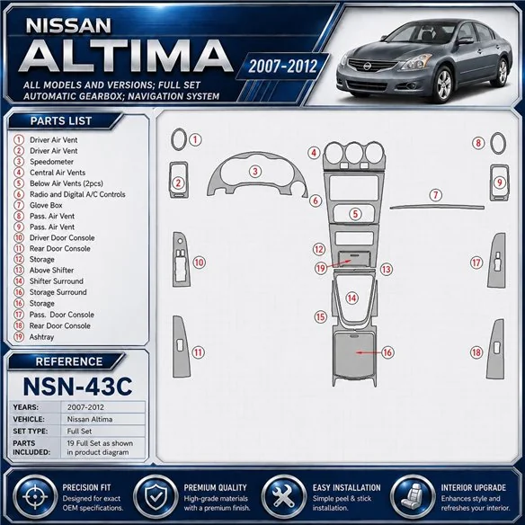 Nissan Altima 2007-2012 set completo; cambio automatico; sistema di navigazione kit rivestimento cruscotto e interni 3D