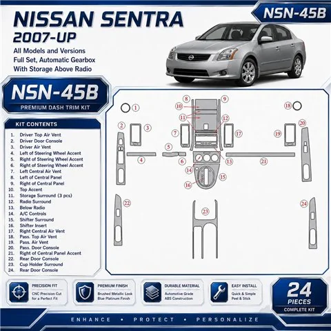 Nissan Sentra 2007-in poi set completo; cambio automatico; con Storage Above Radio kit rivestimento cruscotto e interni 3D
