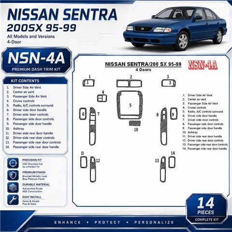 Nissan Sentra 1995-1999 4-Door kit rivestimento cruscotto e interni 3D 14 pezzi