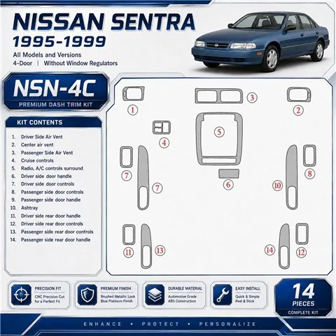Nissan Sentra 1995-1999 4-Door; senza window regulators kit rivestimento cruscotto e interni 3D
