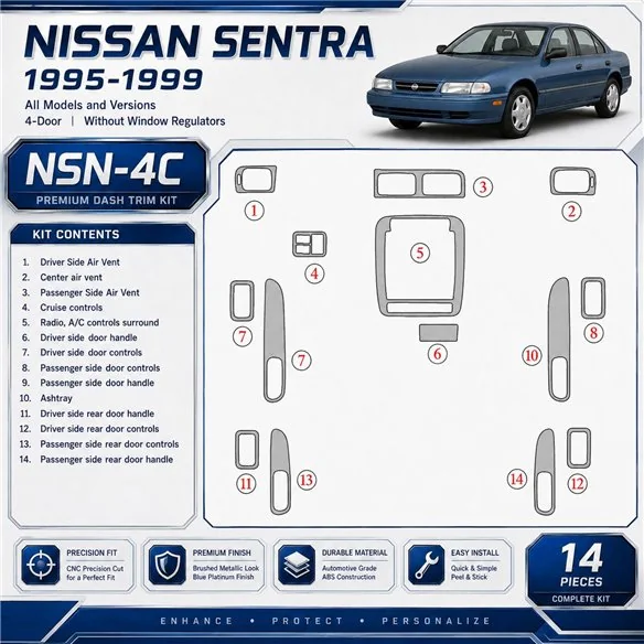 Nissan Sentra 1995-1999 4-Door; senza window regulators kit rivestimento cruscotto e interni 3D