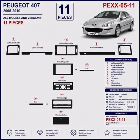 Peugeot 407 2005-2010 kit cruscotto 3D, 11 pezzi 2