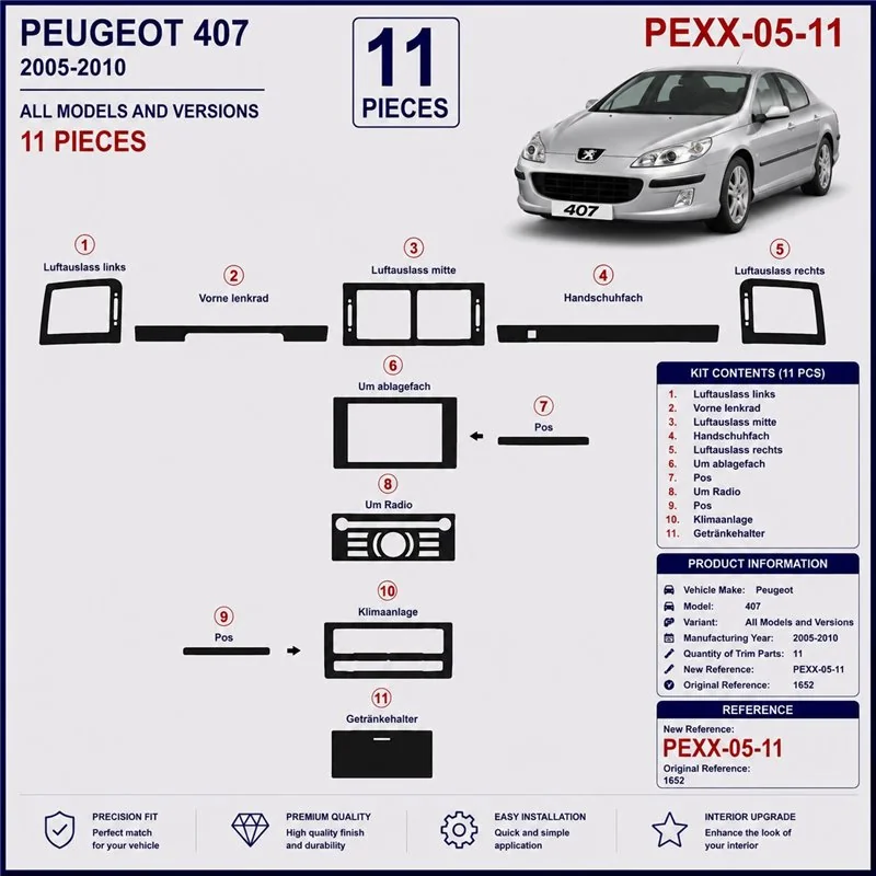 Peugeot 407 2005-2010 kit cruscotto 3D, 11 pezzi