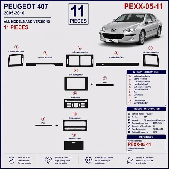 Peugeot 407 2005-2010 kit cruscotto 3D, 11 pezzi