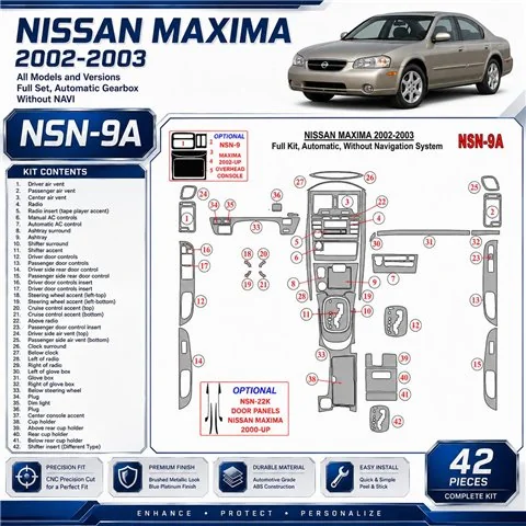 Nissan Maxima 2002-2003 set completo; cambio automatico,senza navigatore kit rivestimento cruscotto e interni 3D