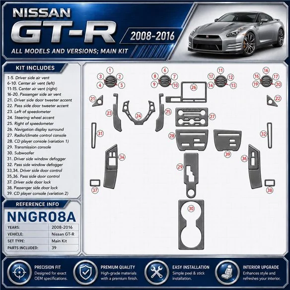Nissan GT-R 2008-2016 main kit rivestimento cruscotto e interni 3D 39 pezzi