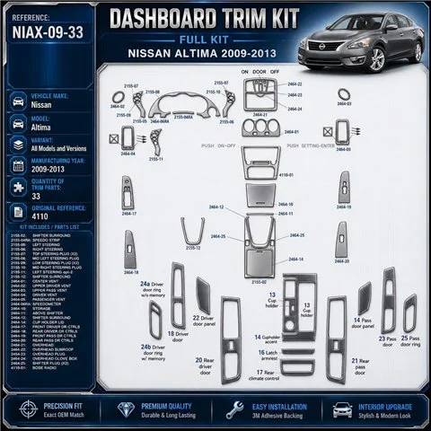 Nissan Altima 2009-2013 kit rivestimento cruscotto e interni 3D 33 pezzi