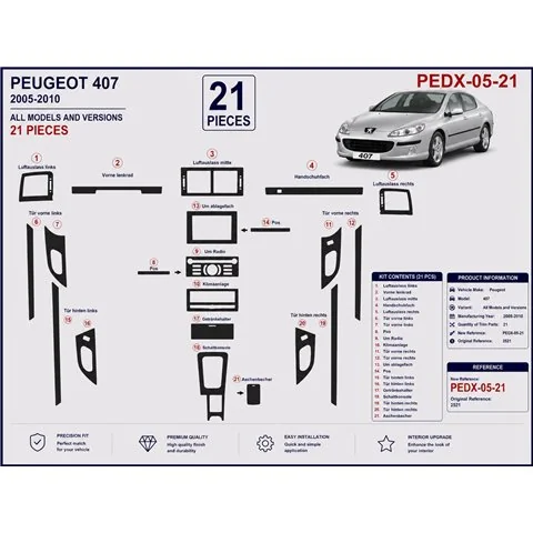 Peugeot 407 Doors 2005-2010 kit cruscotto 3D, 21 pezzi 2