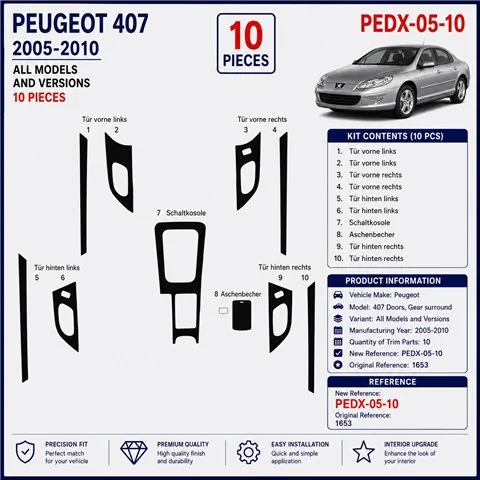 Peugeot 407 Doors 2005-2010 kit cruscotto 3D, 10 pezzi