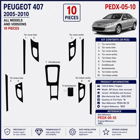 Peugeot 407 Doors 2005-2010 kit cruscotto 3D, 10 pezzi