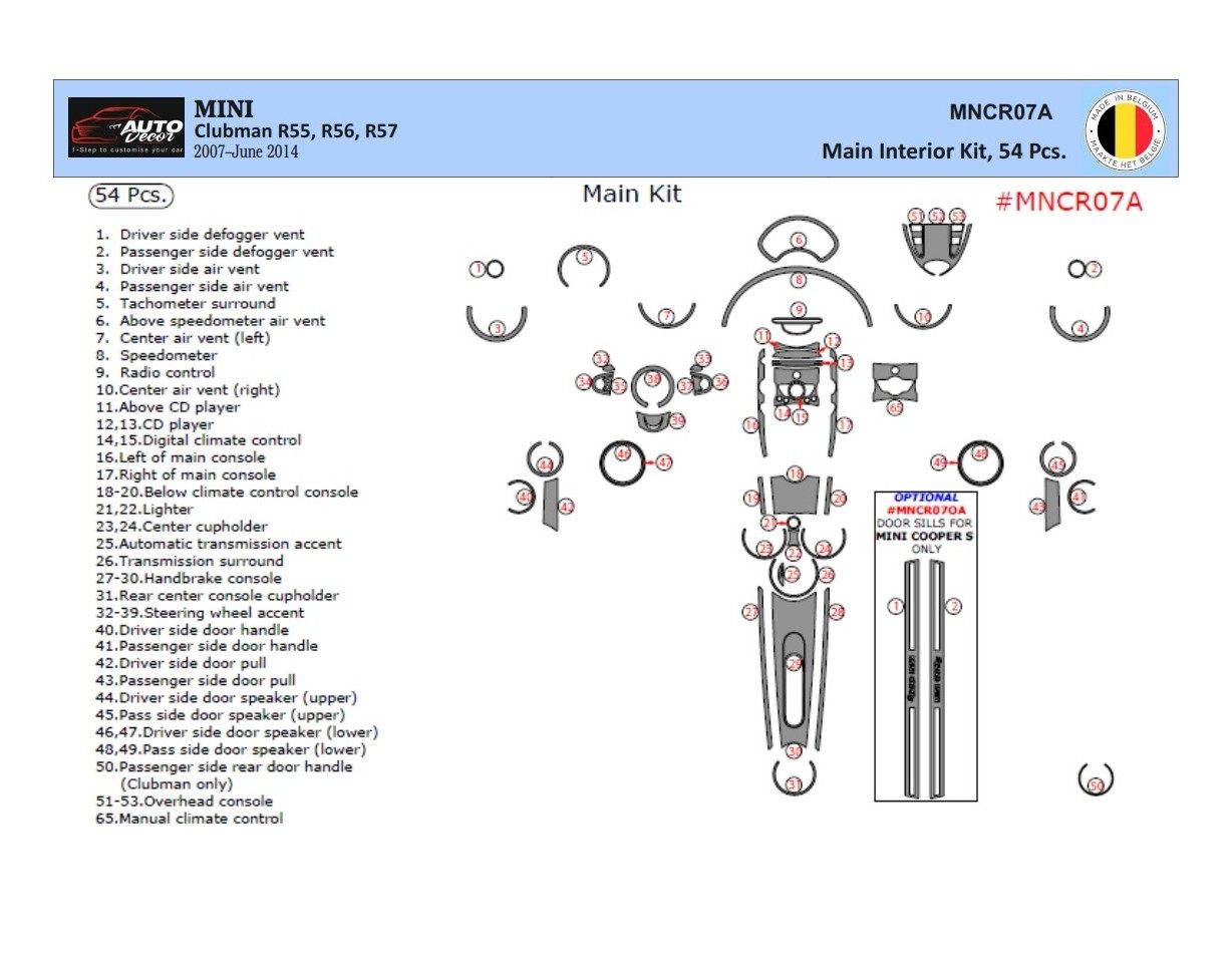Mini Cooper Clubman R55 R56 R57 2007-2014 Kit Rivestimento Cruscotto all'interno del veicolo Cruscotti personalizzati 57-Decori