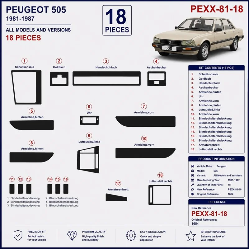 Peugeot 505 1981-1987 kit cruscotto 3D, 18 pezzi