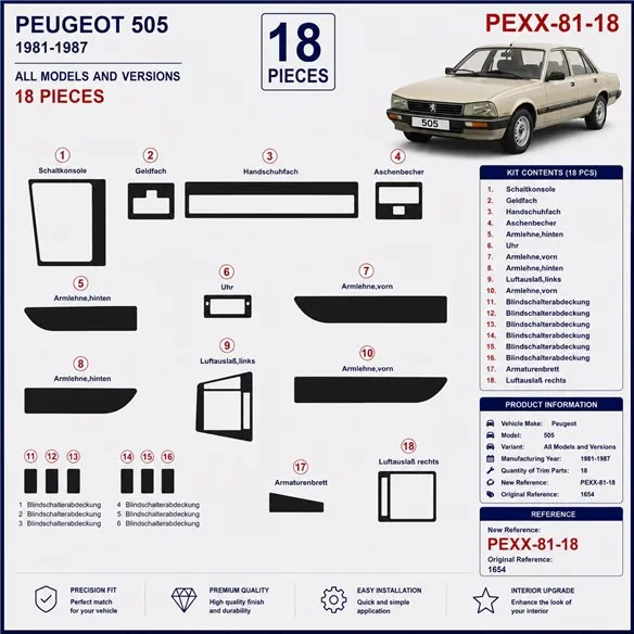 Peugeot 505 1981-1987 kit cruscotto 3D, 18 pezzi