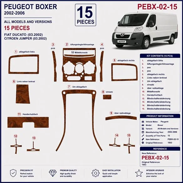 Peugeot Boxer 2002-2006 kit cruscotto 3D, 15 pezzi