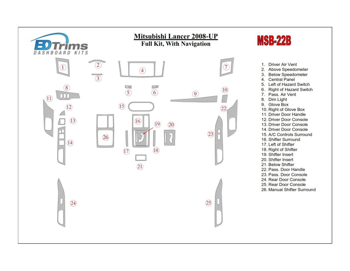 Mitsubishi Lancer 2008-UP Full Set, With NAVI Cruscotto BD Rivestimenti interni