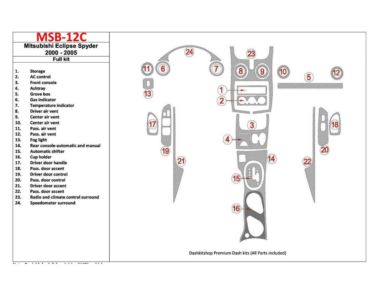 Mitsubishi Spyder 2000-2005 Full Set, 24 Parts set Cruscotto BD Rivestimenti interni