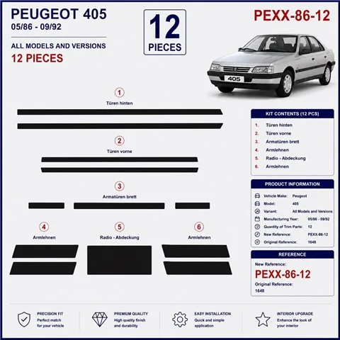Peugeot 405 1986-1992 kit cruscotto 3D, 12 pezzi 2
