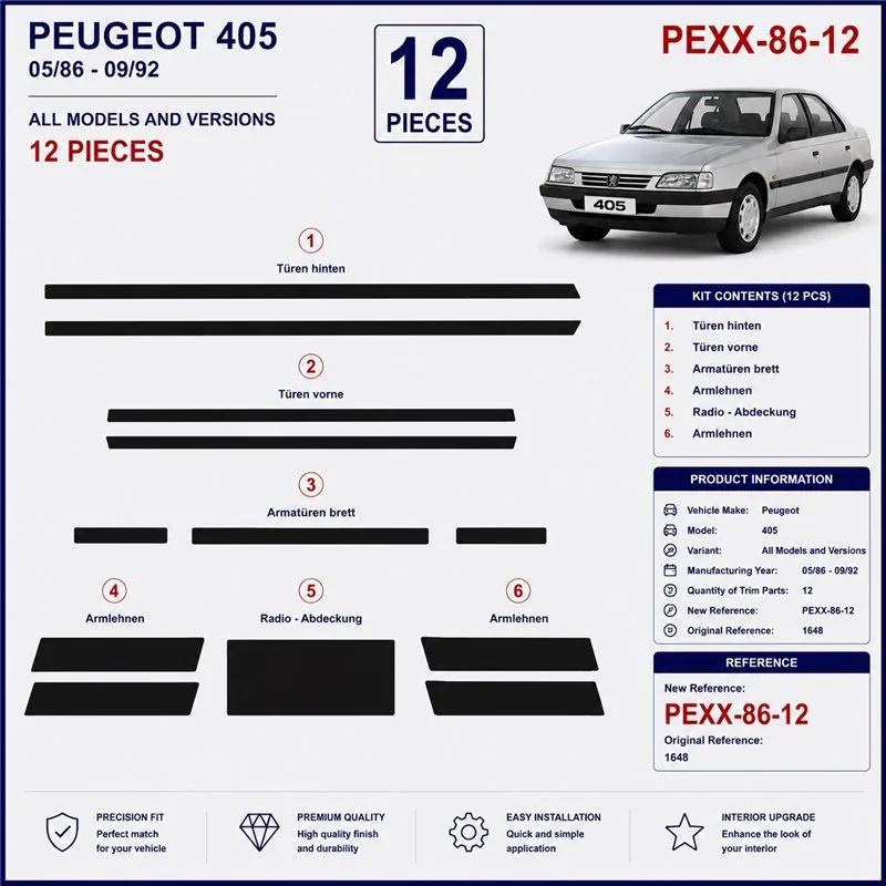 Peugeot 405 1986-1992 kit cruscotto 3D, 12 pezzi