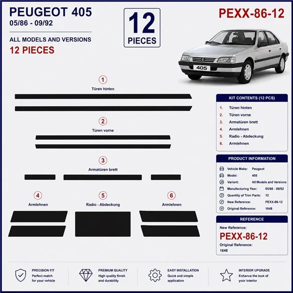 Peugeot 405 1986-1992 kit cruscotto 3D, 12 pezzi