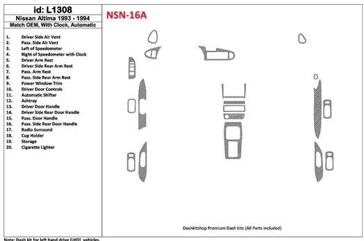Nissan Altima 1993-1994 Automatic Gearbox, With watches, OEM Match, 19 Parts set Cruscotto BD Rivestimenti interni