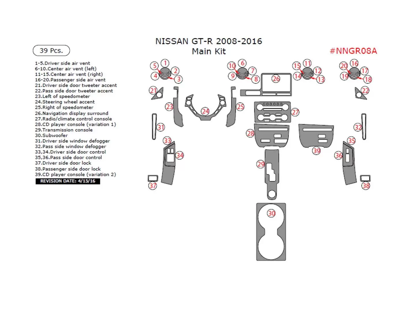 Nissan GT-R 2008-2016 kit rivestimento cruscotto interno principale, 39 pz