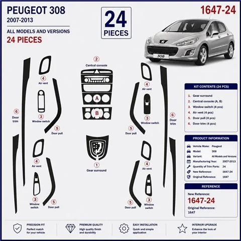 Peugeot 308 2007-2013 kit cruscotto 3D, 24 pezzi 2