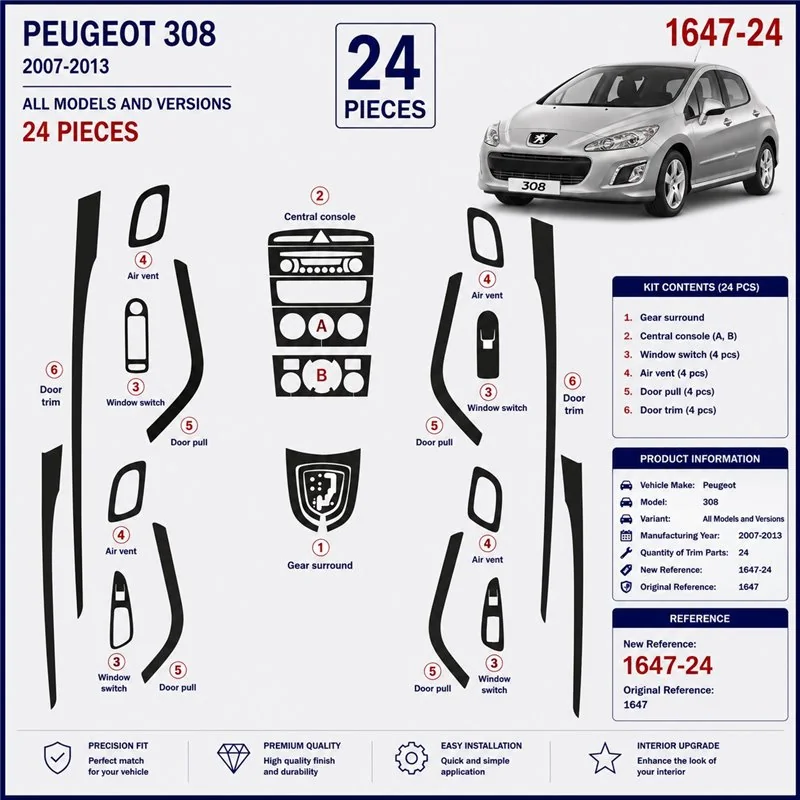 Peugeot 308 2007-2013 kit cruscotto 3D, 24 pezzi