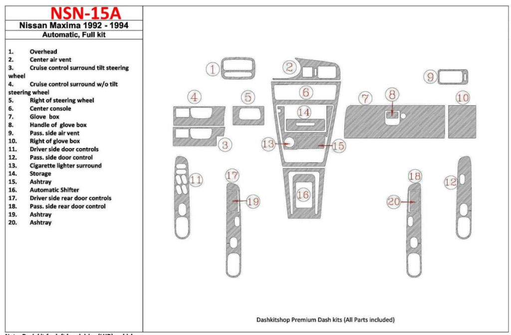 Nissan Maxima 1992-1994 Automatic Gearbox, Full Set, 20 Parts set Cruscotto BD Rivestimenti interni