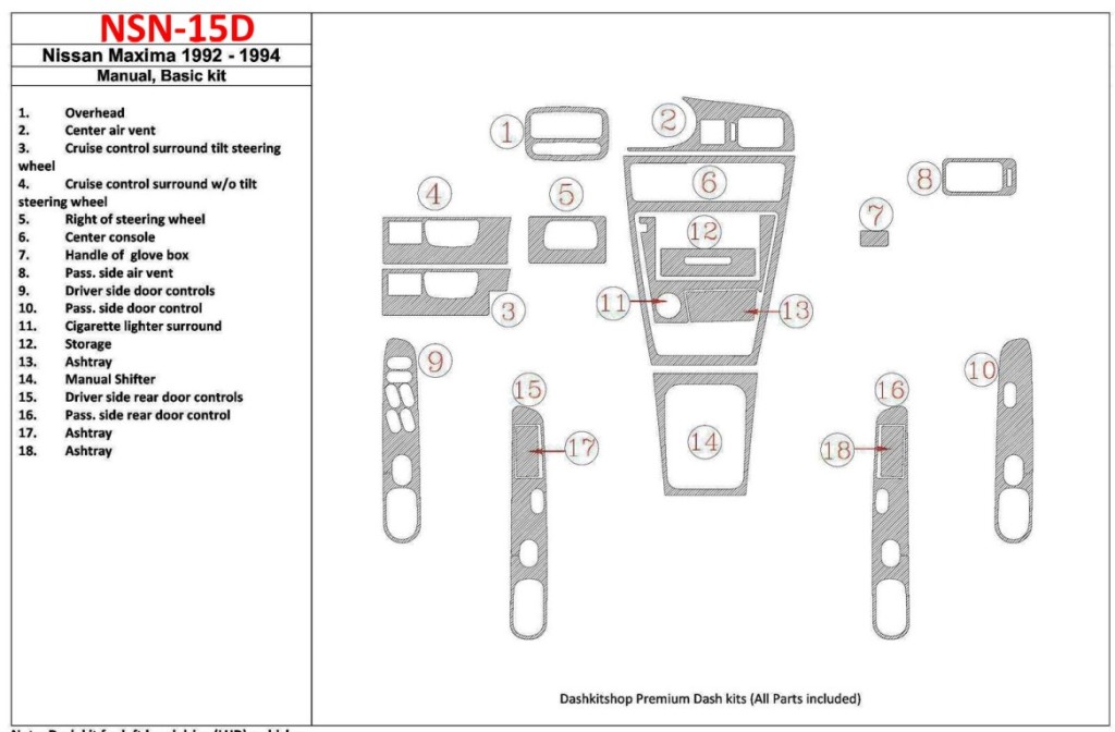 Nissan Maxima 1992-1994 Manual Gearbox, Basic Set, 18 Parts set Cruscotto BD Rivestimenti interni Nissan Maxima 1992-1994 Manual Gearbox, Basic Set, 18 Parts set Cruscotto BD Rivestimenti interni