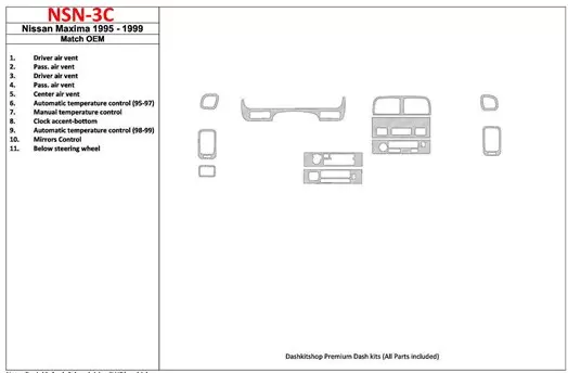 Nissan Maxima 1995-1999 OEM Compliance, 12 Parts set Cruscotto BD Rivestimenti interni