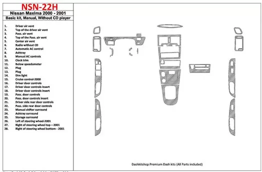 Nissan Maxima 2000-2001 Basic Set, Manual Gearbox, Radio Without CD Player, 28 Parts set Cruscotto BD Rivestimenti interni Nissan Maxima 2000-2001 Basic Set, Manual Gearbox, Radio Without CD Player, 28 Parts set Cruscotto BD Rivestimenti interni