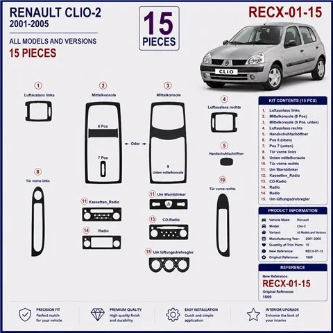 Renault Clio-2 2001-2005 kit cruscotto 3D, 15 pezzi 2