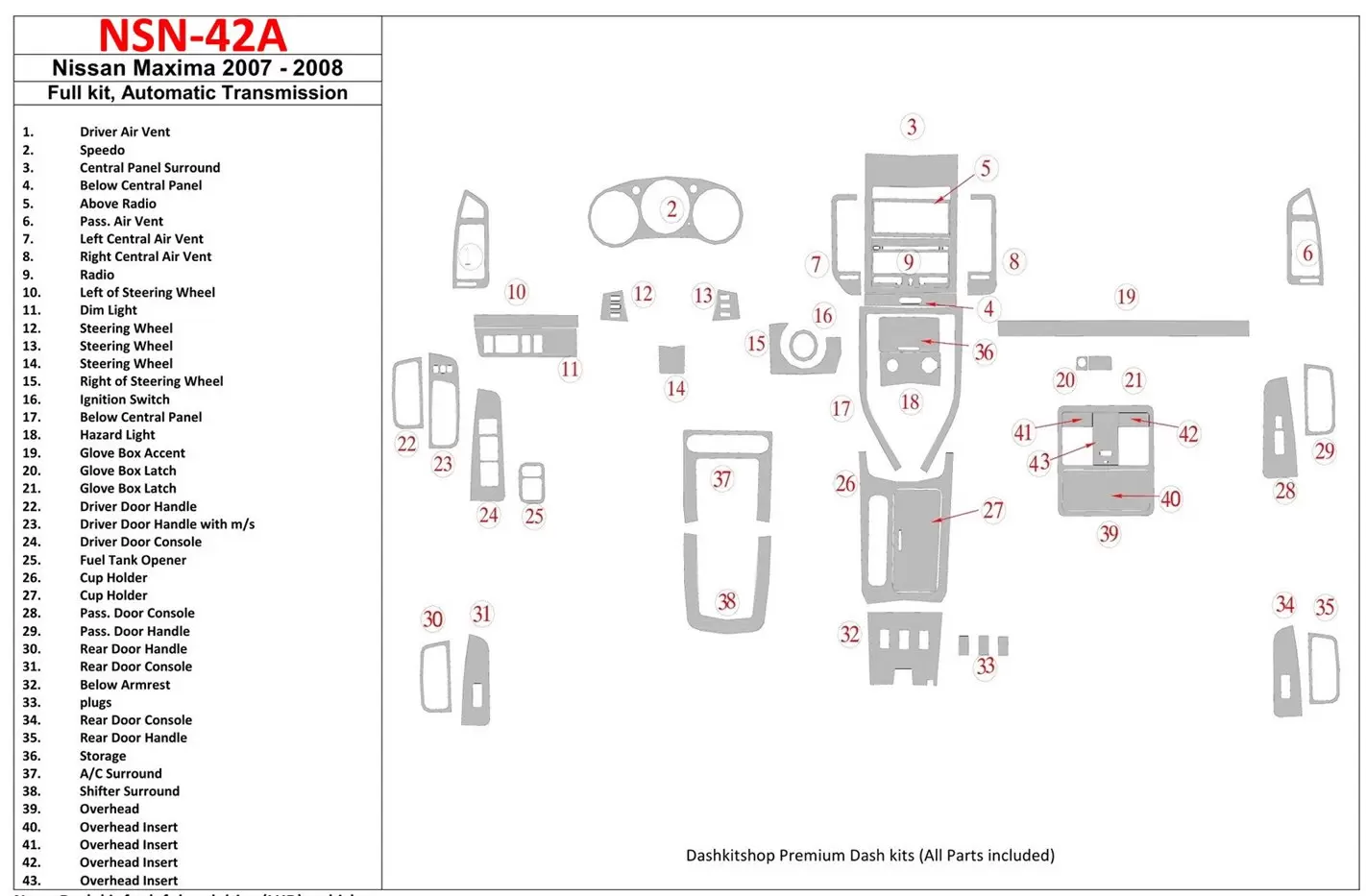 Nissan Maxima 2007-2008 Full Set, Automatic Gear Cruscotto BD Rivestimenti interni