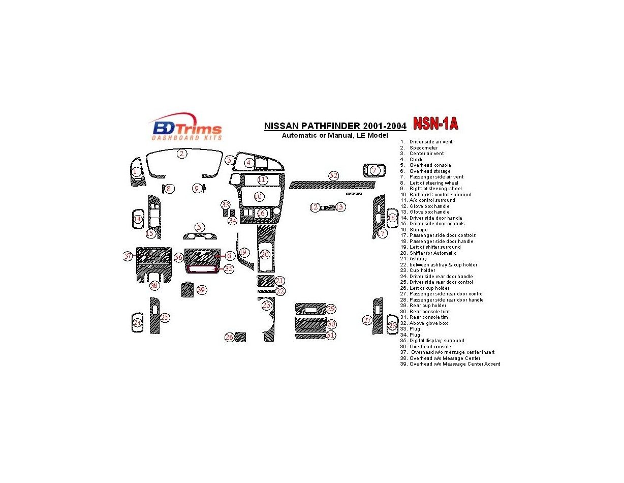 Nissan Pathfinder 2001-2004 LE Model Cruscotto BD Rivestimenti interni