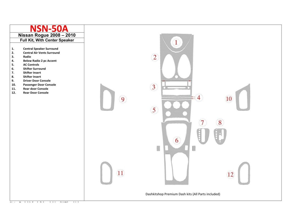 Nissan Rogue 2008-2010 Full Set, With Center Speaker Cruscotto BD Rivestimenti interni