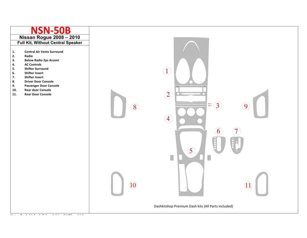 Nissan Roque 2008-2010 Full Set, Without Center Speaker Cruscotto BD Rivestimenti interni
