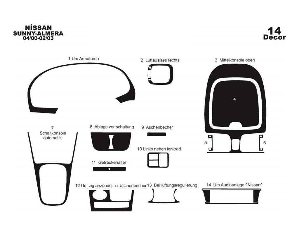 Nissan Sunny - Almera Arabian 04.00 - 02.03 Kit Rivestimento Cruscotto all'interno del veicolo Cruscotti personalizzati 14-Decor Nissan Sunny - Almera Arabian 04.00 - 02.03 Kit Rivestimento Cruscotto all'interno del veicolo Cruscotti personalizzati 14-Decor