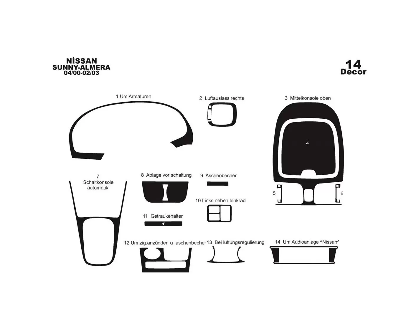 Nissan Sunny - Almera Arabian 04.00 - 02.03 Kit Rivestimento Cruscotto all'interno del veicolo Cruscotti personalizzati 14-Decor