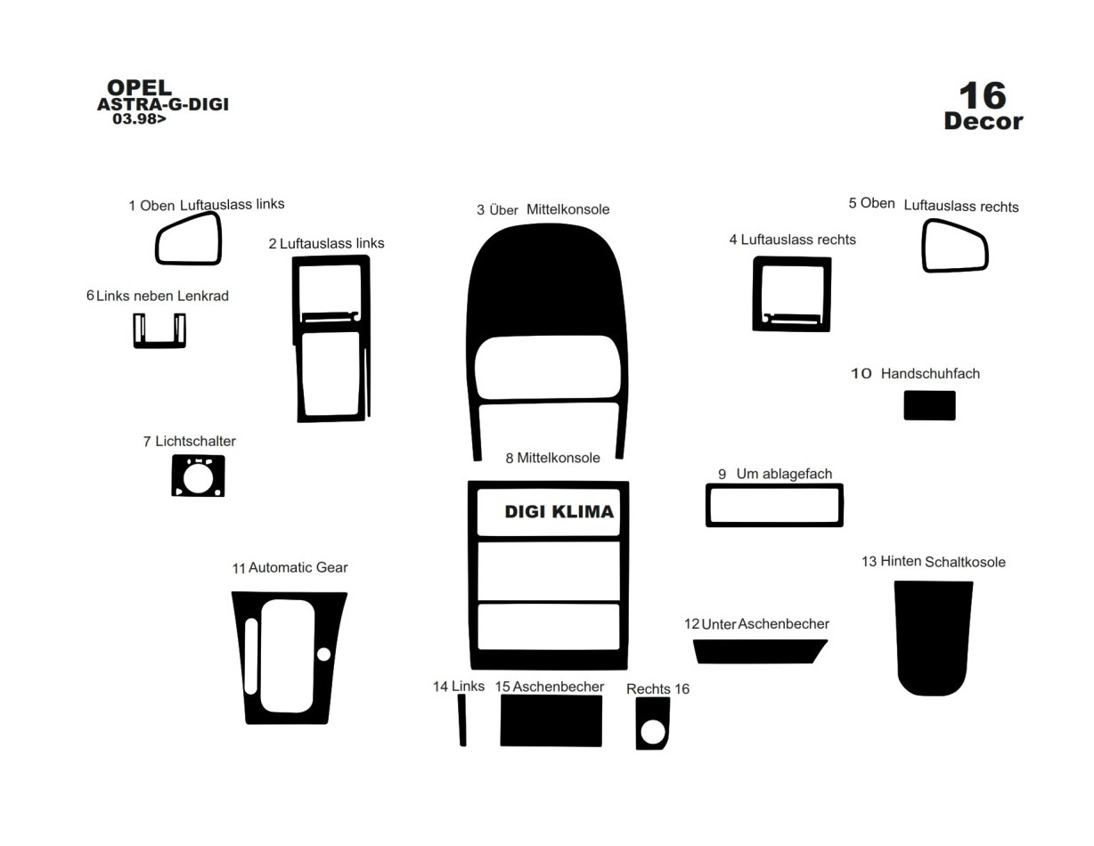 Opel Astra G 03.98-12.03 DIGI AUT Kit Rivestimento Cruscotto all'interno del veicolo Cruscotti personalizzati 16-Decori