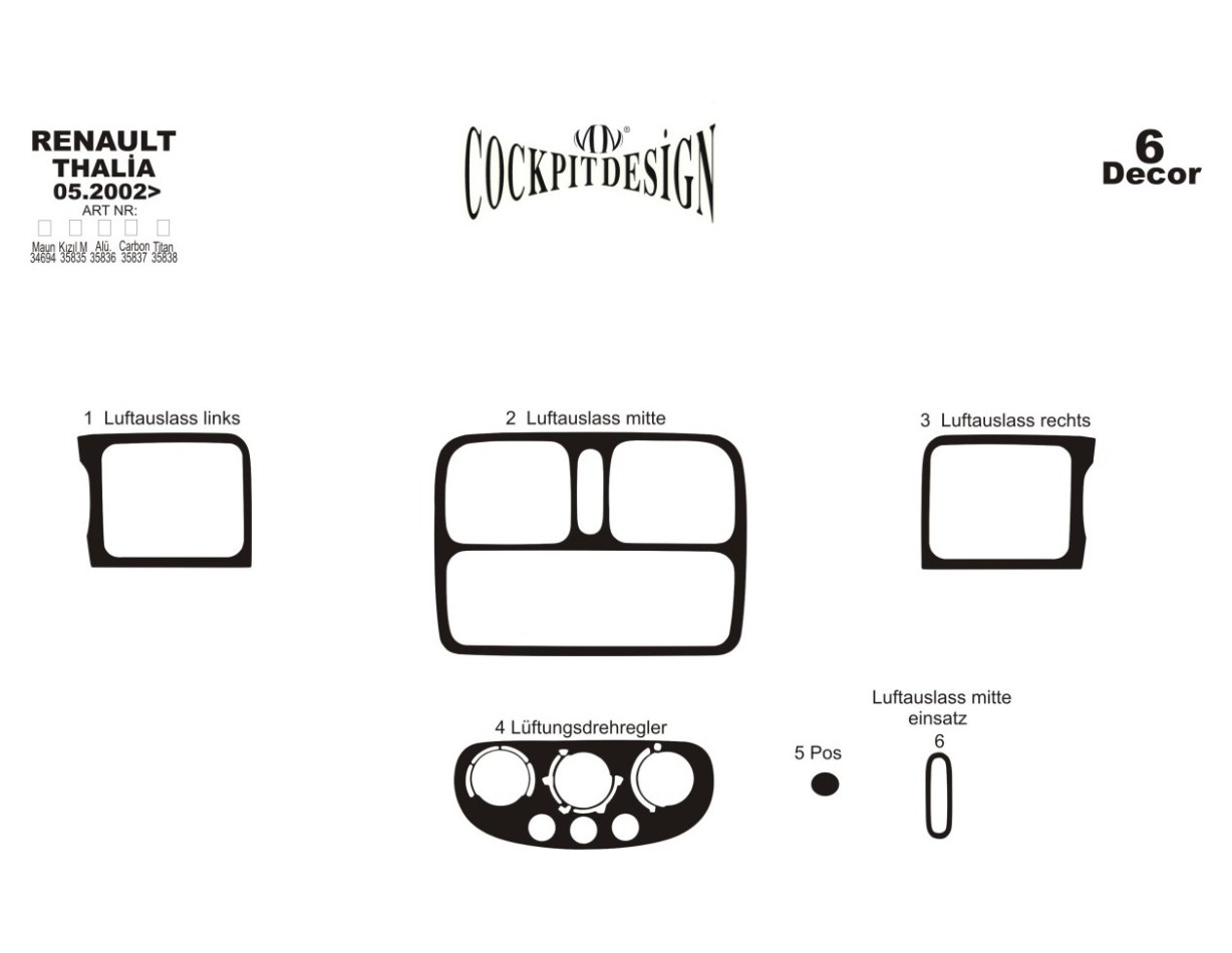 Renault Thalia 05.02 - 12.05 Kit Rivestimento Cruscotto all'interno del veicolo Cruscotti personalizzati 6-Decori