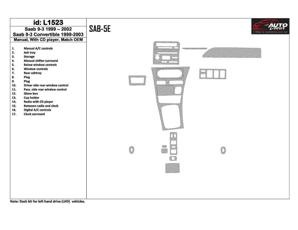 Saab 9-3 1999-2002 Automatic Gearbox, With CD Player, OEM Compliance, 18 Parts set Cruscotto BD Rivestimenti interni