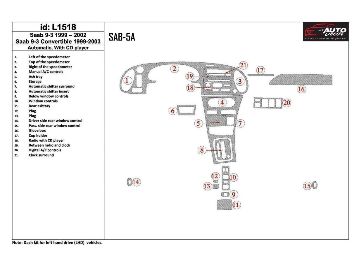 Saab 9-3 1999-2002 Automatic Gearbox, With CD Player, Without OEM Cruscotto BD Rivestimenti interni