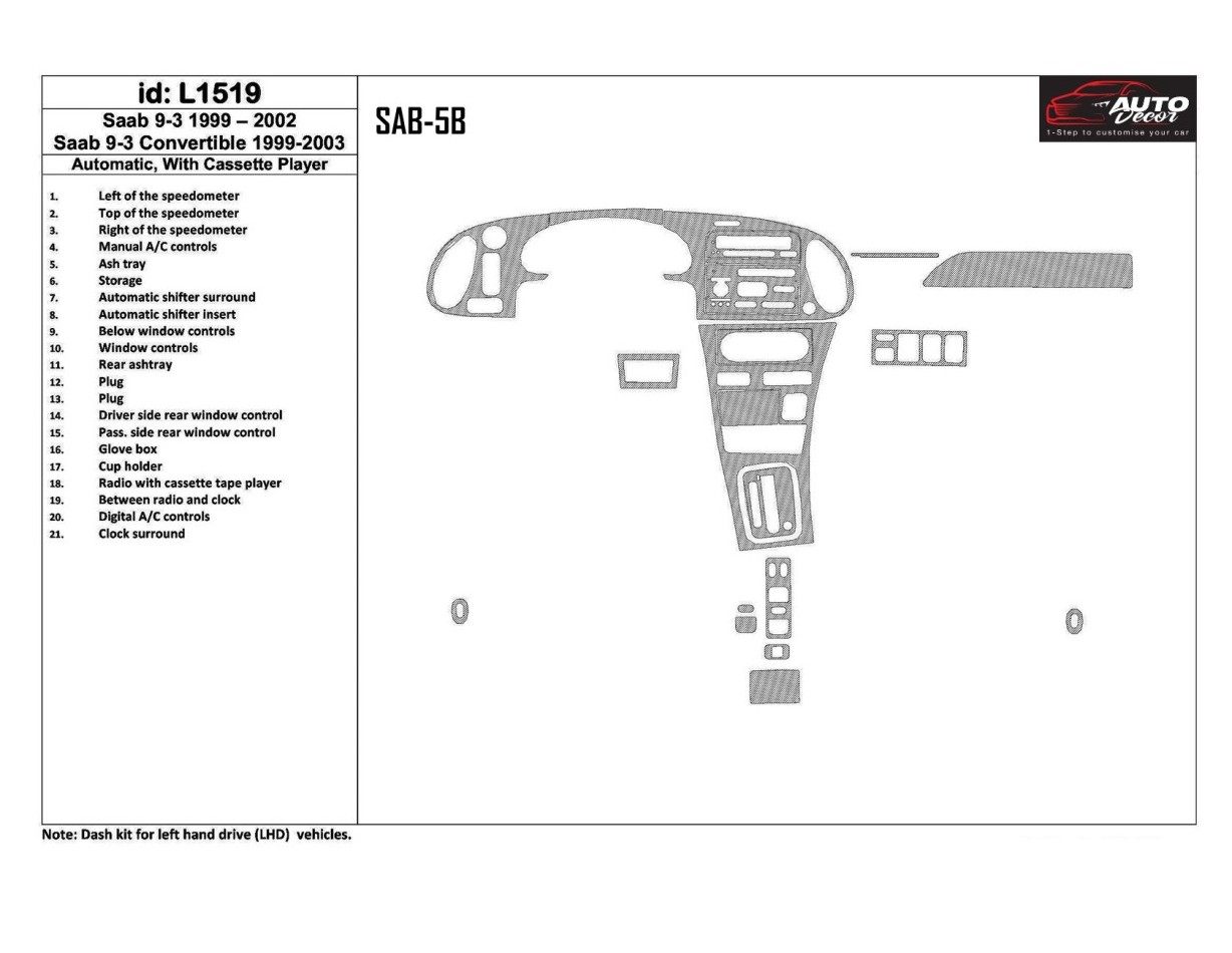 Saab 9-3 1999-2002 Automatic Gearbox, With Compact Casette player, Without OEM, 21 Parts set Cruscotto BD Rivestimenti interni Saab 9-3 1999-2002 Automatic Gearbox, With Compact Casette player, Without OEM, 21 Parts set Cruscotto BD Rivestimenti interni