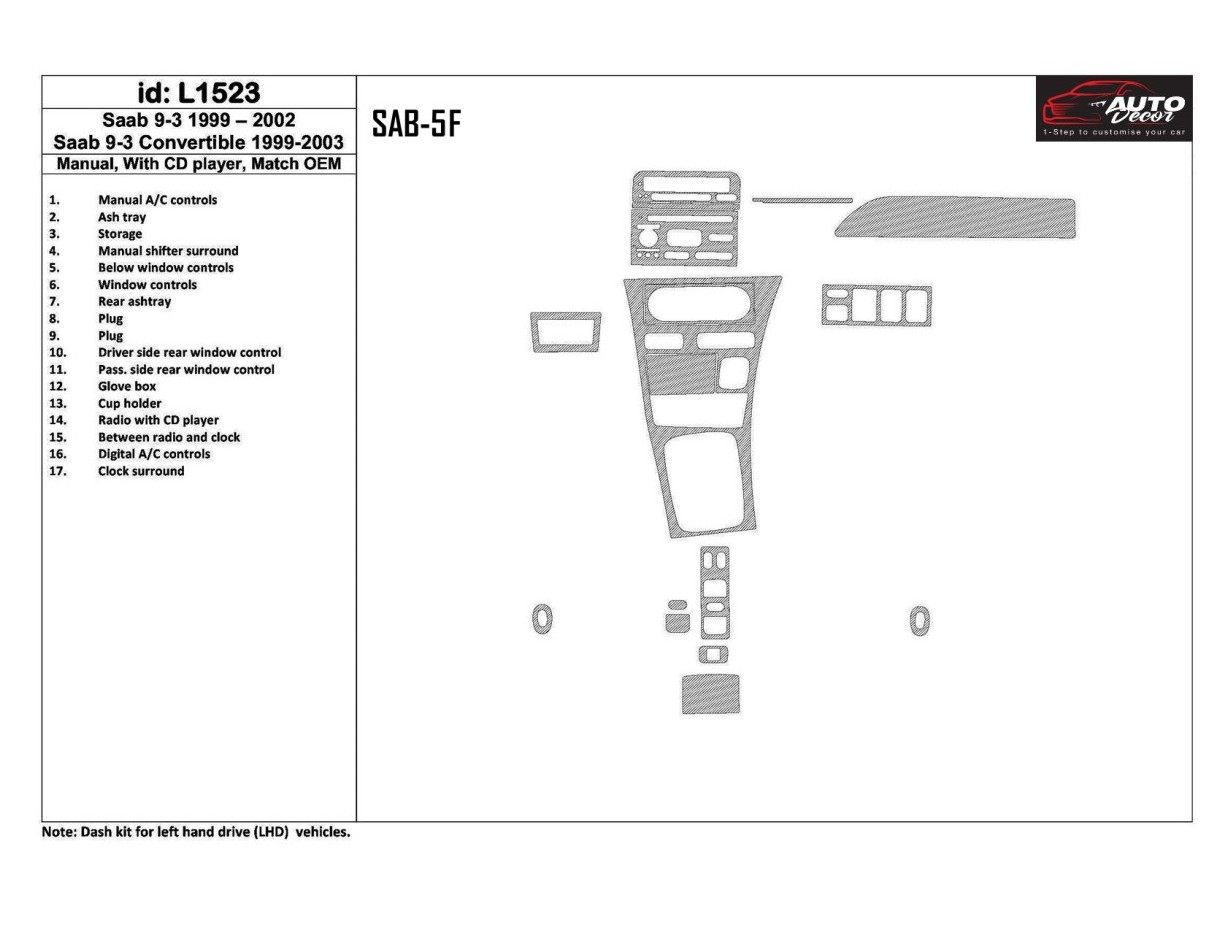 Saab 9-3 1999-2002 Manual Gearbox, With CD Player, OEM Compliance, 17 Parts set Cruscotto BD Rivestimenti interni