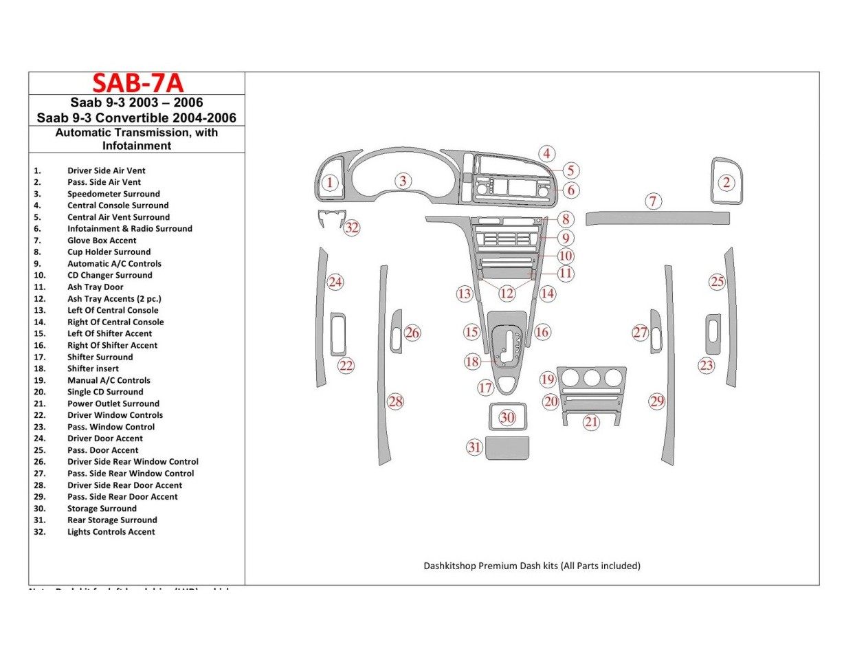 Saab 9-3 2003-2006 Automatic Gear, With Infotaintment Cruscotto BD Rivestimenti interni