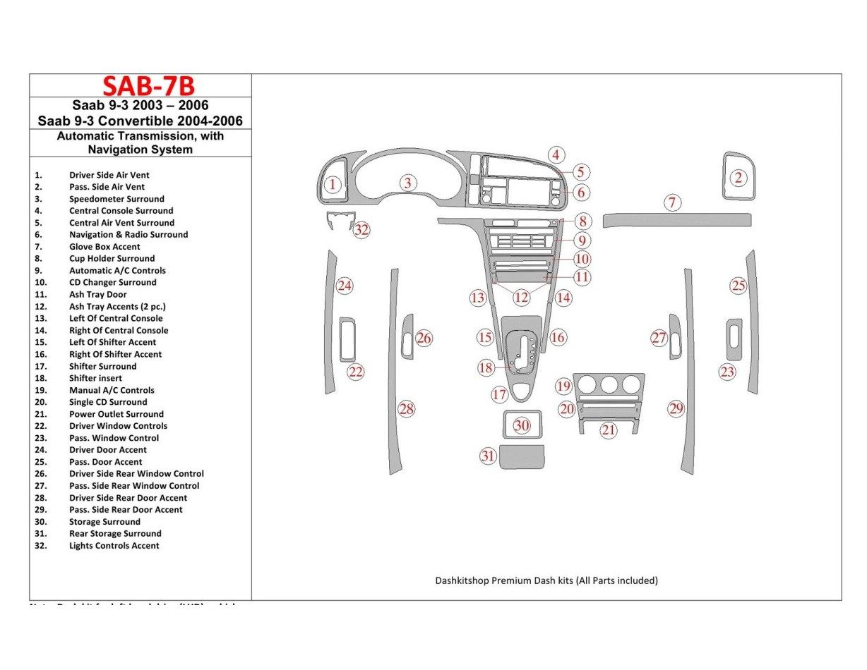 Saab 9-3 2003-2006 Automatic Gear, With NAVI system Cruscotto BD Rivestimenti interni