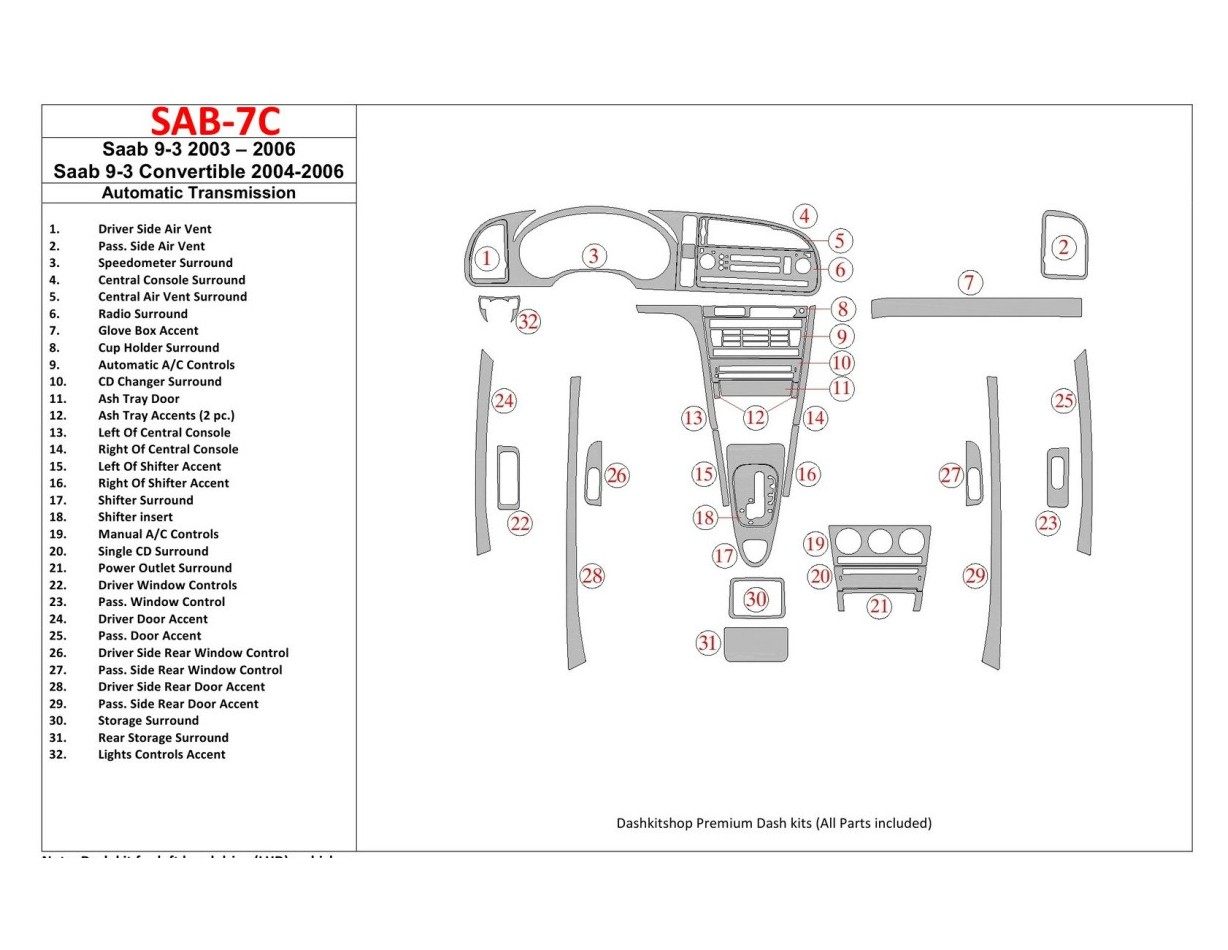 Saab 9-3 2003-2006 Automatic Gear, Without Infotainment Center Cruscotto BD Rivestimenti interni